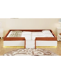 Streamdale Furniture Queen Upholstered Floor Bed with Fence and Led Lights