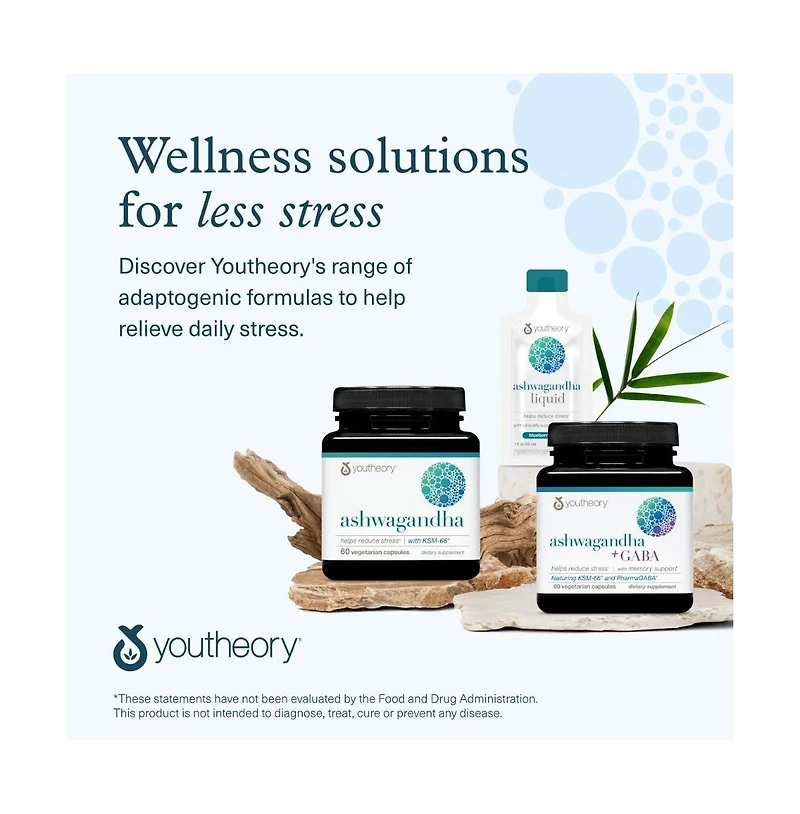 Youtheory Ashwagandha Plus Gaba Ksm 66 and Ginger Aids Stress Relief and Mood Supports Energy 60 Veg Capsules 30-Day Supply