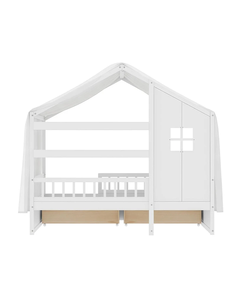Streamdale Furniture Kids Twin Floor Bed with Roof, Curtains, Guardrails and 2 Drawers