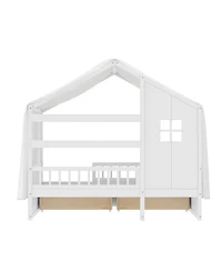 Streamdale Furniture Kids Twin Floor Bed with Roof, Curtains, Guardrails and 2 Drawers