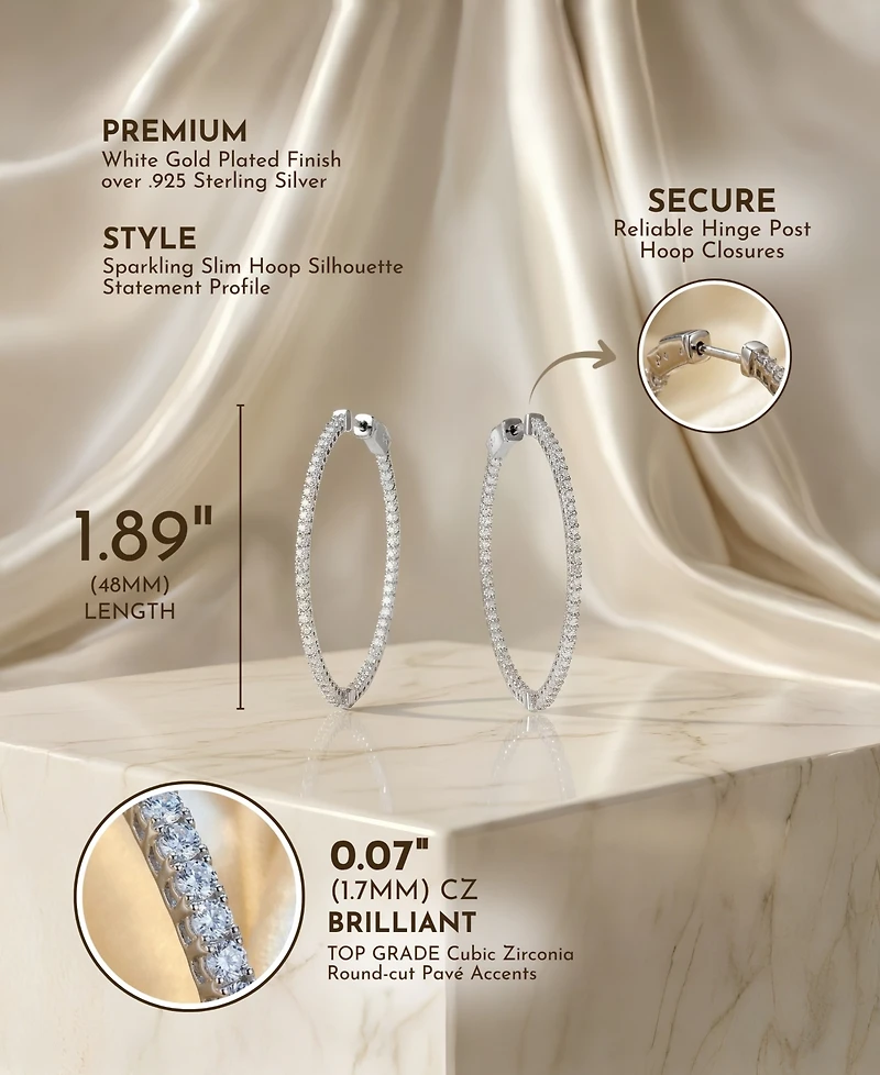 Genevive Radiant White Gold Plated Cz Black Plated Slim Hoop Earrings