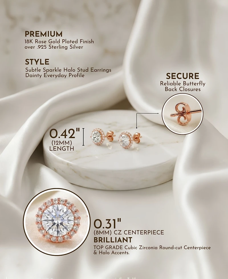 Genevive Sterling Silver White Gold Plating with Clear Cubic Zirconia Button Stud Earrings