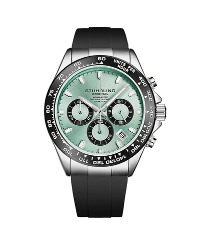 Stuhrling Aquamaster 4050 Men's 43mm VK63 Meca-Quartz Chronograph Watch, Ice Blue Sunray Dial, Black Tachymeter Bezel, Black Silicone Strap, 100M Wr