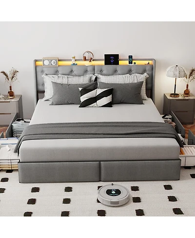 Streamdale Furniture King Size Led Storage Bed Frame with 4 Drawers and Charging Station