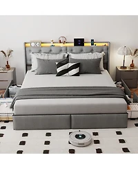 Streamdale Furniture King Size Led Storage Bed Frame with 4 Drawers and Charging Station