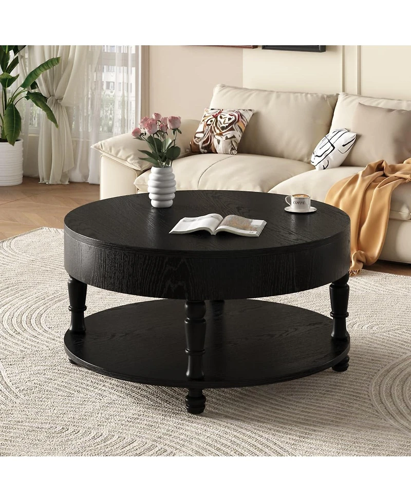 The Pop Home Solid Wood Round Lift-Top Coffee Table with Hidden Storage and Shelf