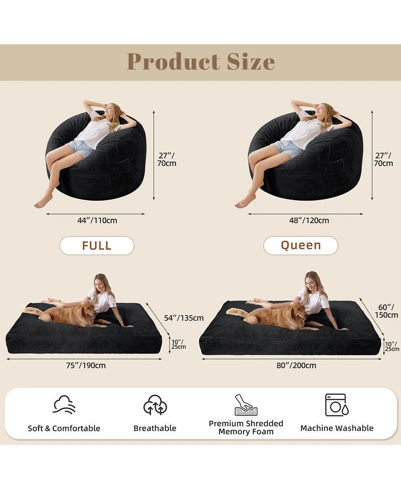 4 1 Bean Bag Chair for Adult, Large Beanbag with Memory Foam and Removable Cover, Oversized Ultra Soft Velvet Lazy Sofa Couch Bed