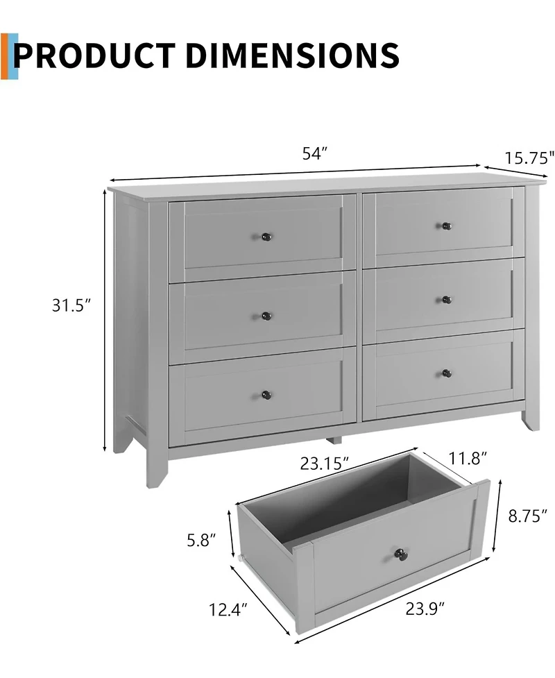 gaomon 6 Drawer Dresser for Bedroom, Modern Wood Storage Cabinet for Living Room or Entryway