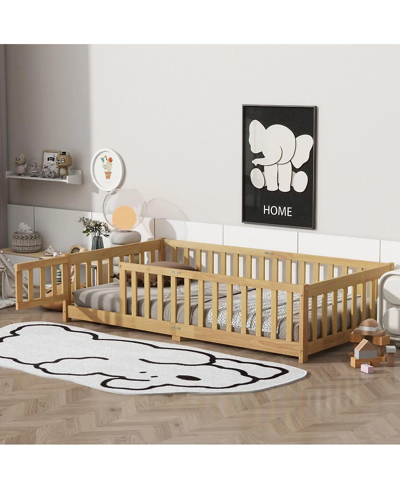 Streamdale Furniture Twin Size Wooden Floor Bed with Fence and Door