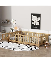 Streamdale Furniture Twin Size Wooden Floor Bed with Fence and Door