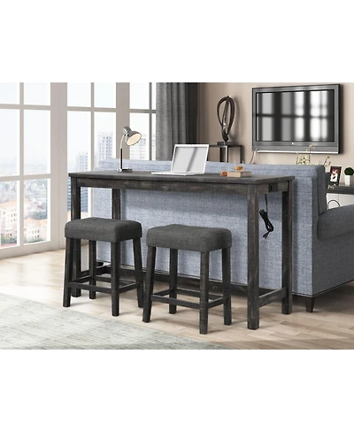 Flynama 3-Piece Counter Height Dining Set, Solid Wood Table with Outlet and 2 Tufted Linen Stools