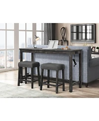 Flynama 3-Piece Counter Height Dining Set, Solid Wood Table with Outlet and 2 Tufted Linen Stools