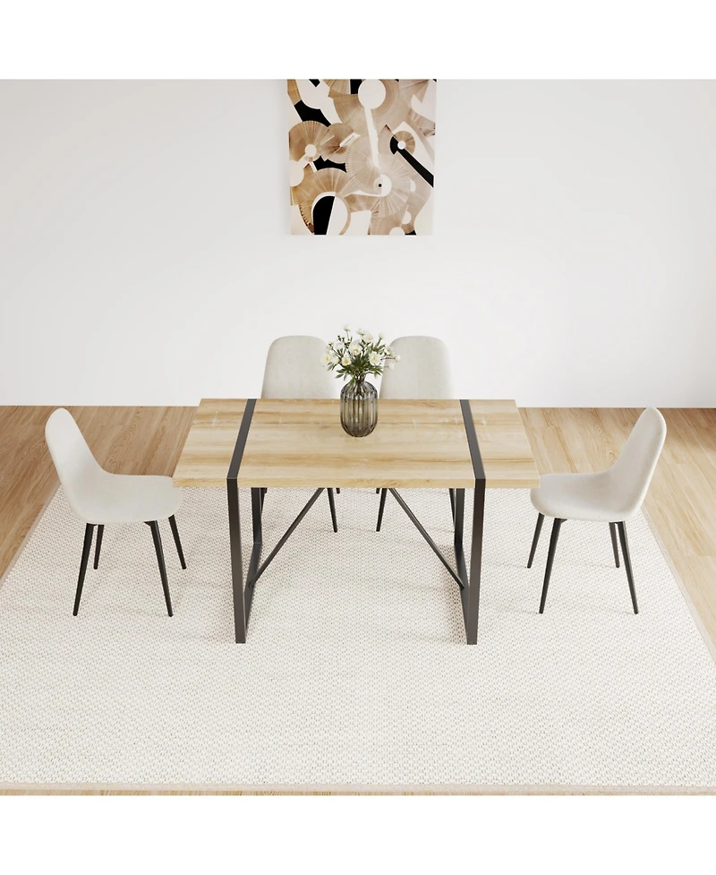 Flynama 5-Piece 55" Wood Tone Dining Set, Linen Chairs and Metal Base