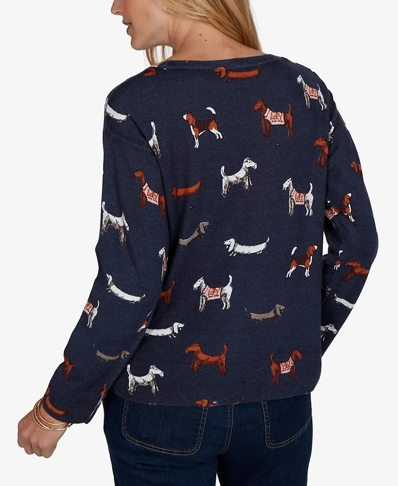 Ruby Rd. Women's Petite Dog-Print Long-Sleeve Pullover