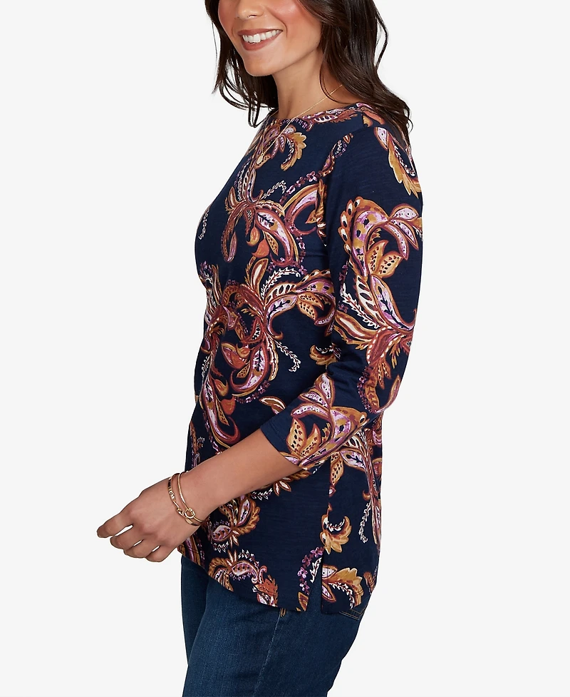 Ruby Rd. Petite Paisley-Print Boat Neck 3/4-Sleeve Top