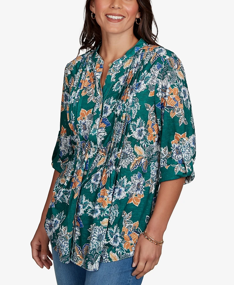 Ruby Rd. Petite Kensington Henley 3/4-Sleeve Floral Blouse