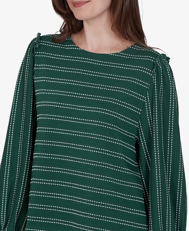 Ruby Rd. Petite Long-Sleeve Dobby-Stripe Crewneck Blouse