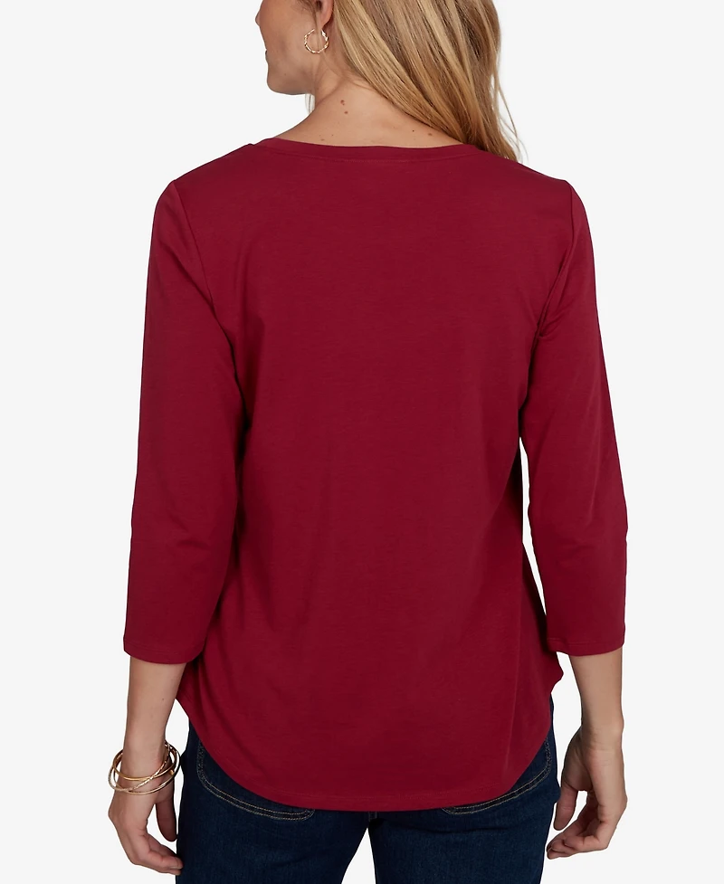 Ruby Rd. Petite Pawsitive Graphic Boat Neck 3/4-Sleeve Cotton-Blend T-Shirt