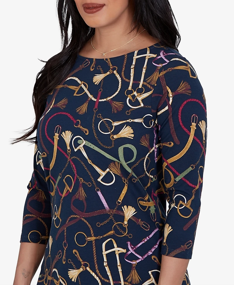 Ruby Rd. Petite Boat Neck 3/4-Sleeve Equestrian Print Blouse