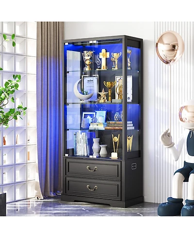 Vlsrka 67" Tall Display Cabinet with Glass Doors and 2 Drawers
