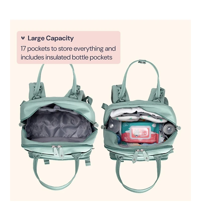 BabbleRoo Diaper Bag Backpack Stylish 26L Hands Free Baby Bag with Changing Pad, Stroller Straps & Water-Resistant, Sage Green, Large