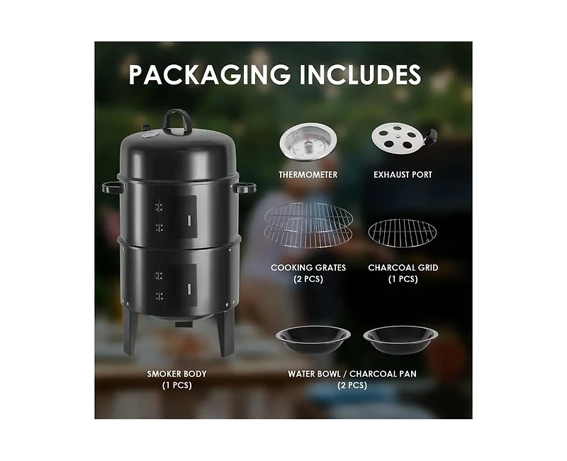 Mountaintop 16" 3-Tier Portable Charcoal Smoker Grill with Easy Temperature Control