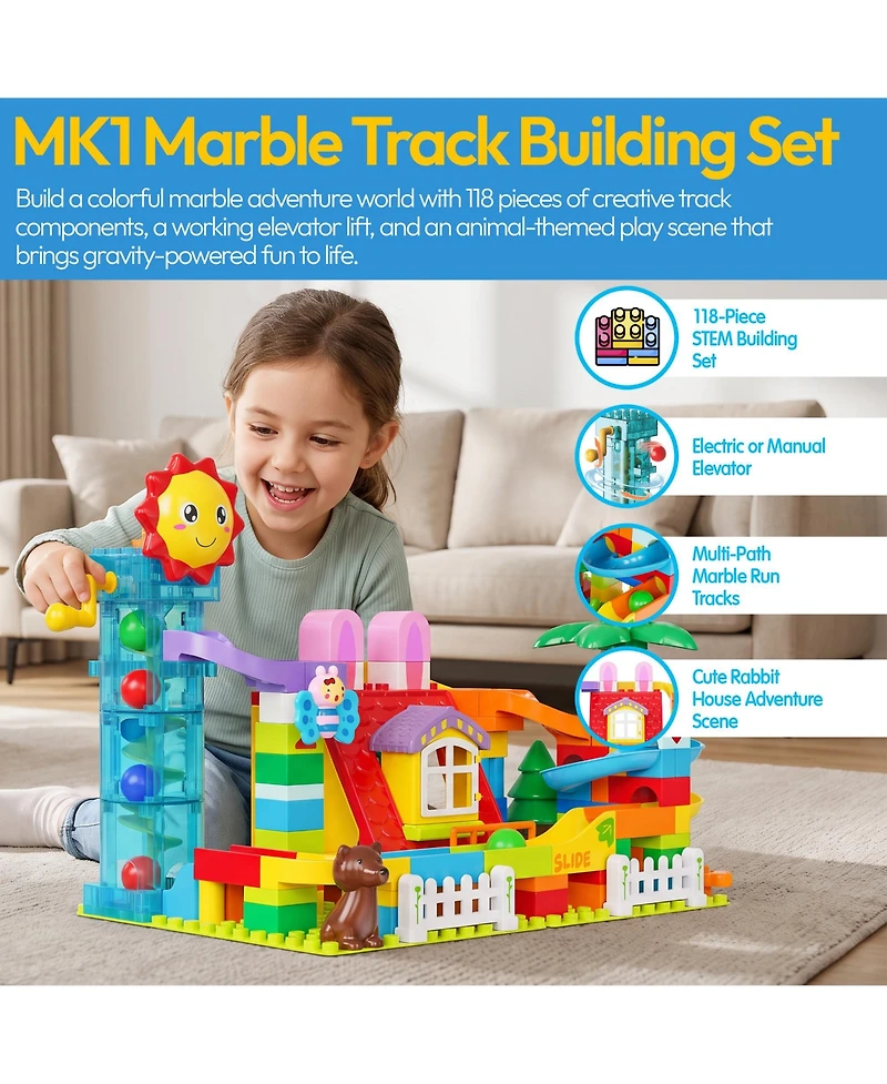 Contixo MK1 Marble Track Building Set, 118-Piece Stem Toy with Elevator Lift, Rabbit House Scene and Multi-Lane Marble Run, Ages 3+
