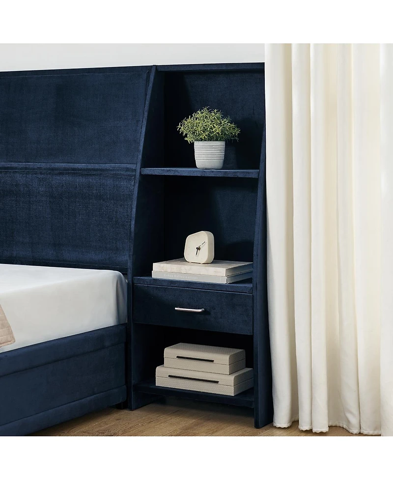 Streamdale Furniture King Size Velvet Storage Platform Bed with Bookcases and Drawer