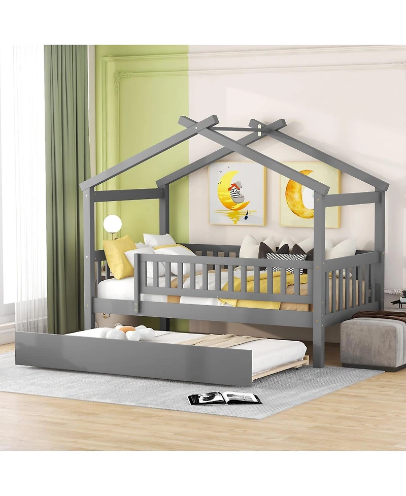 Streamdale Furniture Twin Size Wooden House Bed with Twin Size Trundle