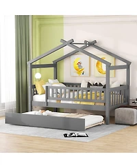 Streamdale Furniture Twin Size Wooden House Bed with Twin Size Trundle