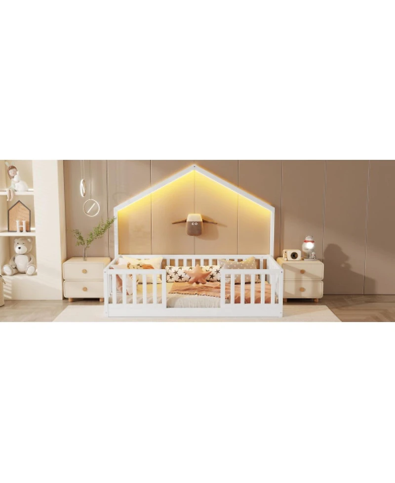 Streamdale Furniture Twin Floor Bed with High Rails and Light for Kids