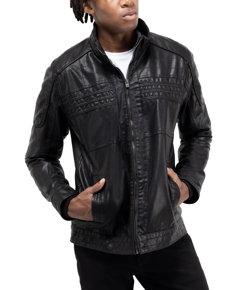 X-Ray Men's Grainy Polyurethane Leather Hooded Jacket with Faux Shearling Lining