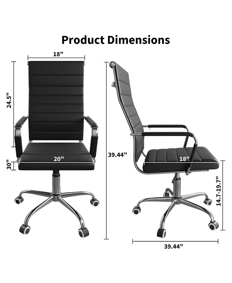 Swivel Home Office Chair, Adjustable Height Ergonomic Executive Computer Chair, Ribbed Pu Leather Conference Room Chair with Arms, Black