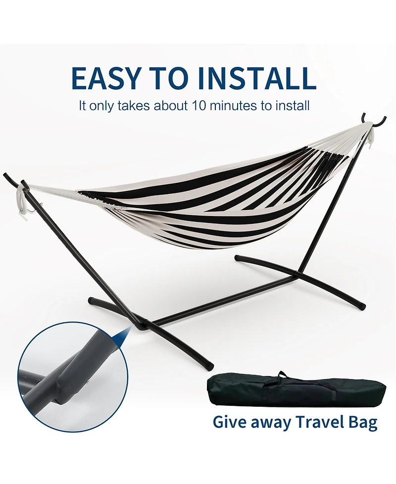 Double Hammock with Heavy-Duty Steel Stand, Indoor Outdoor Portable 2-Person Striped Cotton Freestanding Hammock with Carry Bag for Garden Camping