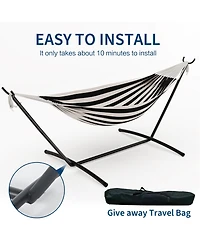 Double Hammock with Heavy-Duty Steel Stand, Indoor Outdoor Portable 2-Person Striped Cotton Freestanding Hammock with Carry Bag for Garden Camping