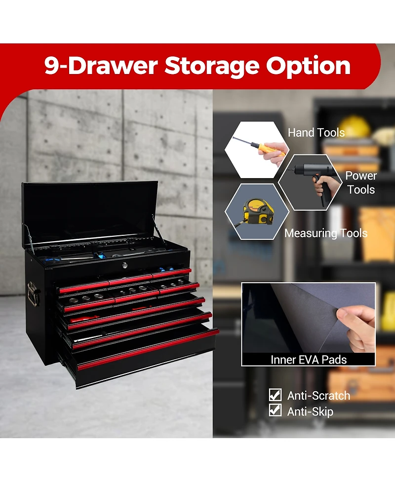 Streamdale Furniture Heavy Duty 24-Inch 9-Drawer Metal Tool Box with Ball Bearing Slides