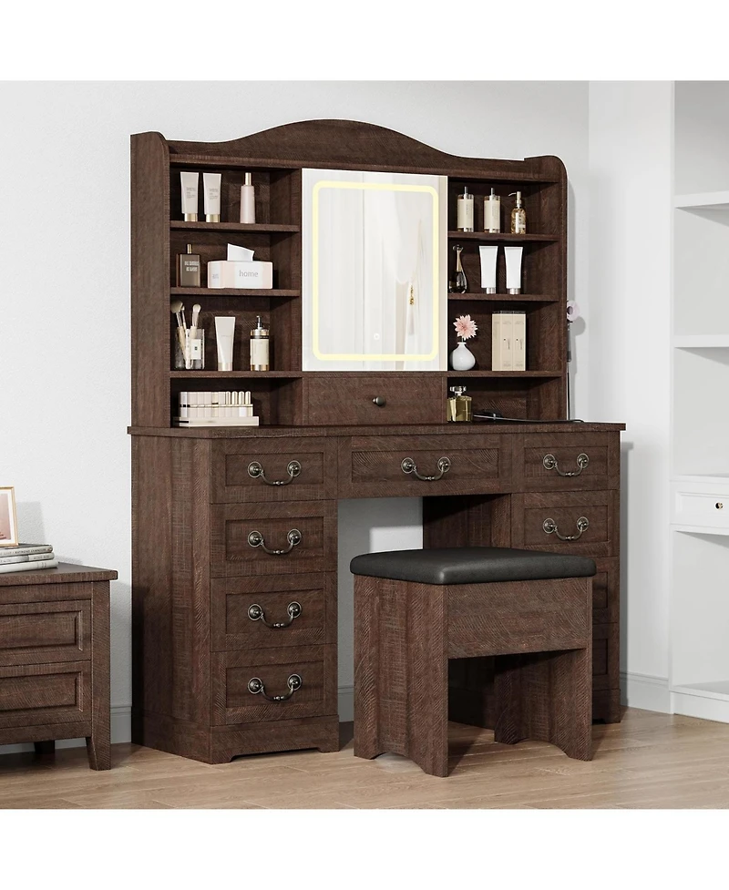 47.2" Makeup Vanity Desk with Lighted Mirror, Stool, 10 Drawers and Charging Station,Dark Brown