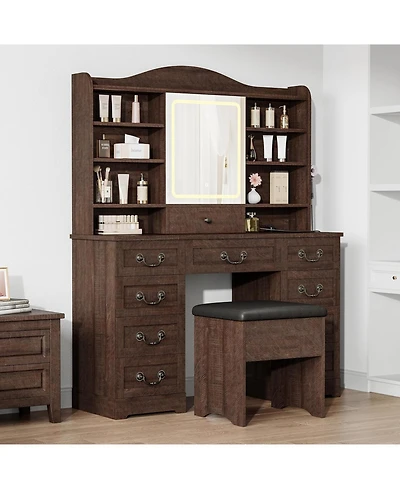 47.2" Makeup Vanity Desk with Lighted Mirror, Stool, 10 Drawers and Charging Station,Dark Brown