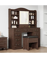47.2" Makeup Vanity Desk with Lighted Mirror, Stool, 10 Drawers and Charging Station,Dark Brown