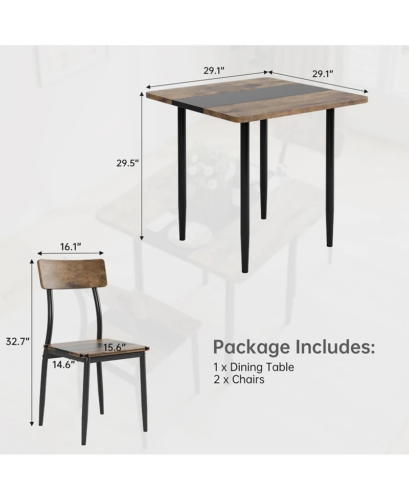 Dining Table Set for 2, 3-Piece Kitchen Set with Metal Frame and Mdf Board, Two-Tone Splicing Desktop, for Apartment, Kitchen, Dining Room