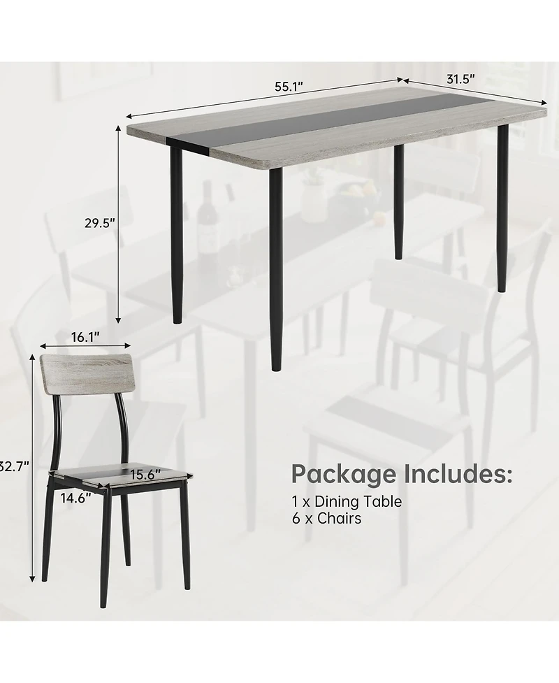Dining Table Set for 6, 7-Piece Kitchen Set with Metal Frame and Mdf Board, Two-Tone Splicing Desktop, for Apartment, Kitchen, Dining Room
