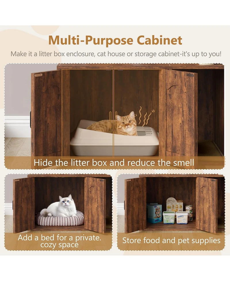 Cat Tree with Litter Box Enclosure Cat Tower Cabinet Furniture, Modern Indoor Wooden Cabinet with Sisal Scratching Post Plush Perch Elevated Platform