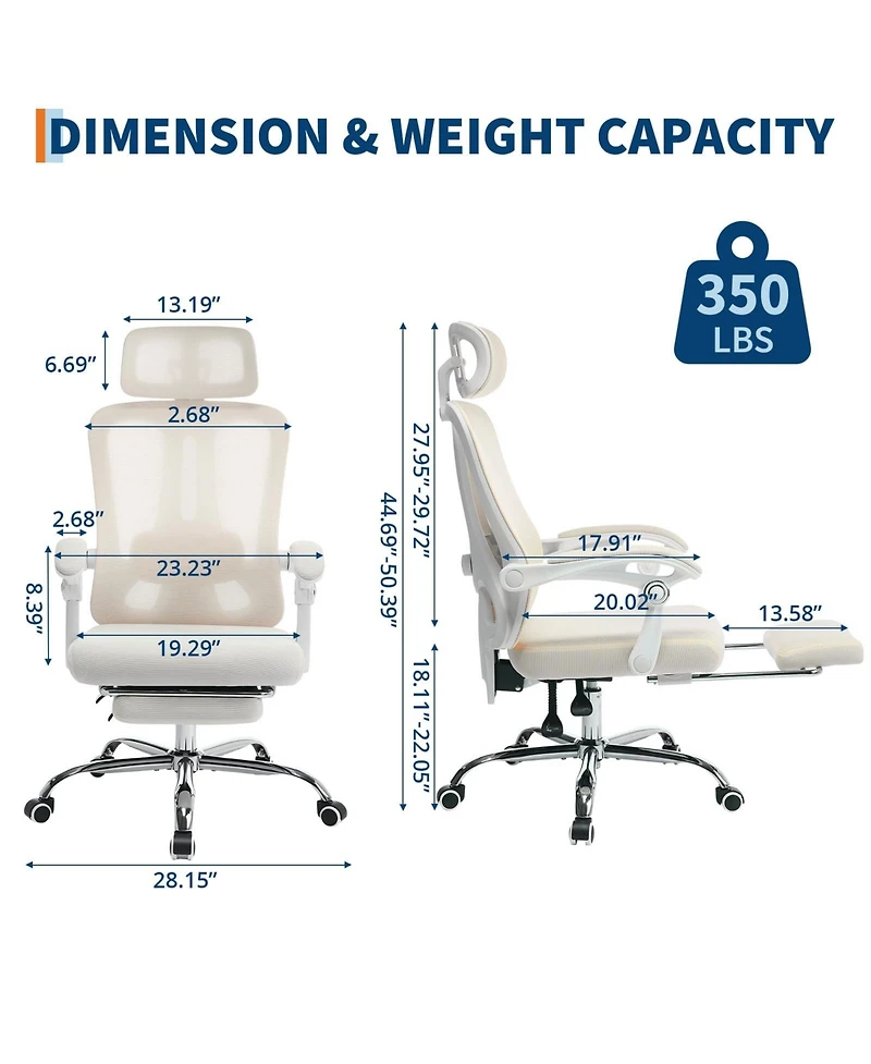Office Chair Ergonomic High Back Mesh with Adjustable Headrest Lumbar Support Retractable Footrest 350 lbs Capacity Swivel Desk Chair for Home Office