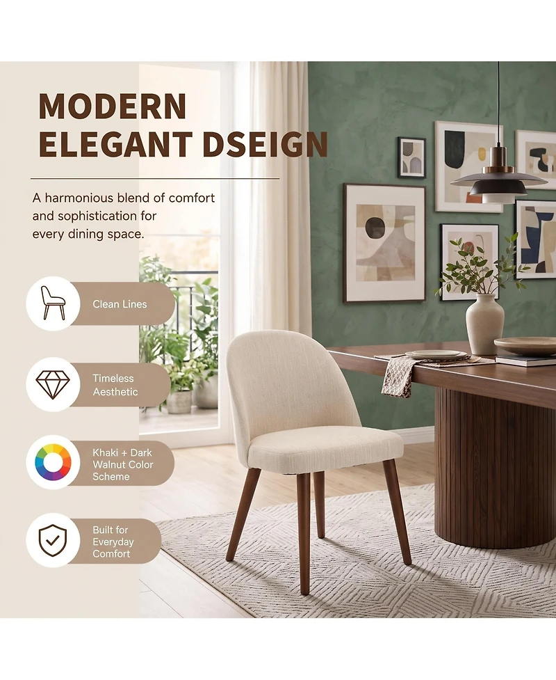Wooden Dining Chairs Set of 4, Modern Fabric Dining Chairs, Upholstered Chairs with Wood Legs, Curved Thick Backrest for Kitchen Dining Room