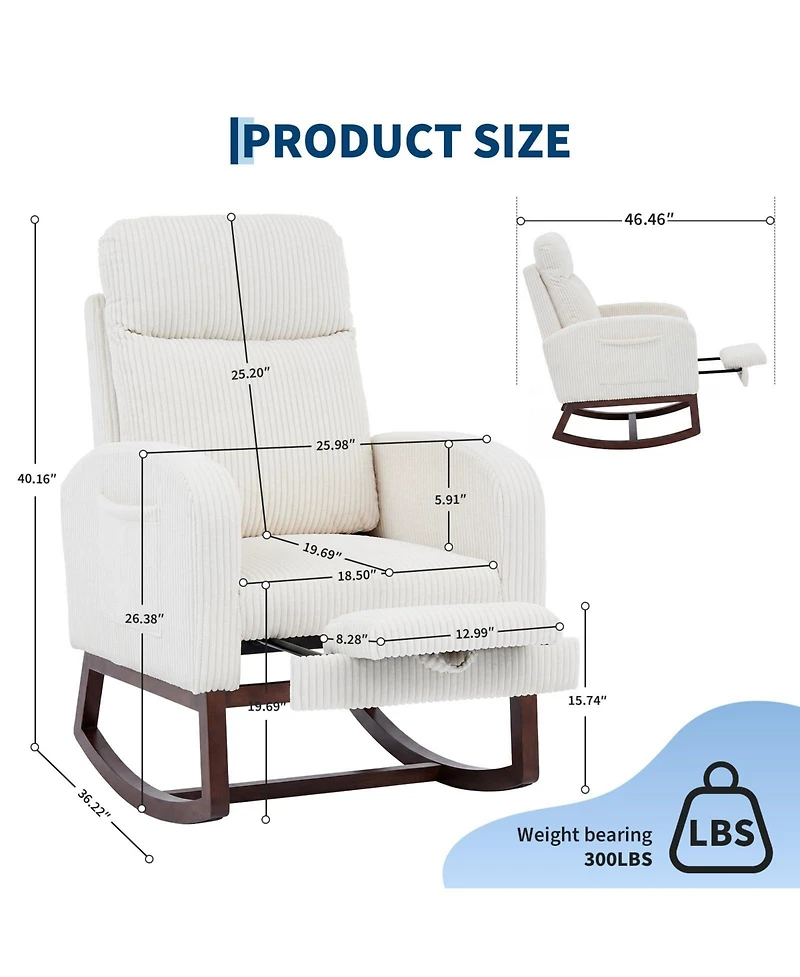 Nursery Glider Rocking Chair with Adjustable High Back, Side Pocket, Stuffed Animal Upholstered Nursing Rocker with Solid Wood Base for LIving Room