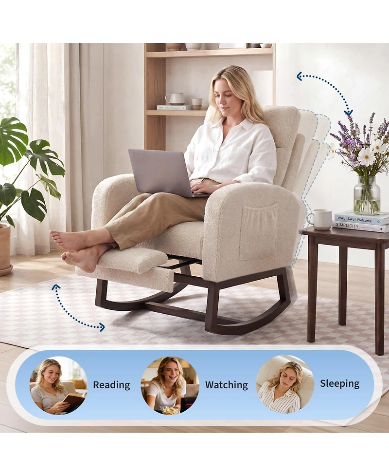 Nursery Glider Rocking Chair with Adjustable High Back, Side Pocket, Footrest, Stuffed Animal Upholstered Nursing Rocker with Wood Base for Nursery