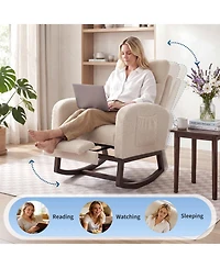 Nursery Glider Rocking Chair with Adjustable High Back, Side Pocket, Footrest, Stuffed Animal Upholstered Nursing Rocker with Wood Base for Nursery