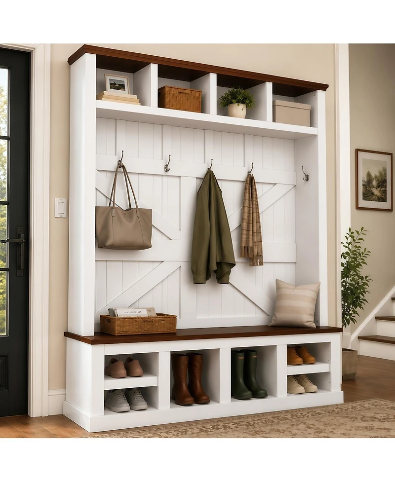 Streamdale Furniture Farmhouse Hall Tree with Bench and Shoe Storage