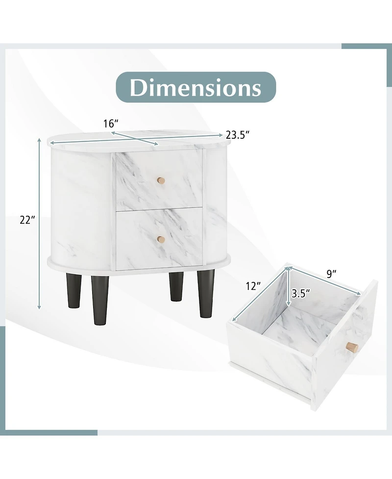 Gymax 2-Pieces Nightstand with 2 Drawers Faux Marble Bedside Table for Small Space