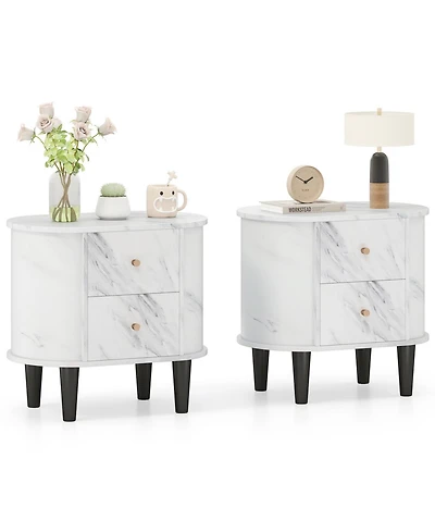 Gymax 2-Pieces Nightstand with 2 Drawers Faux Marble Bedside Table for Small Space